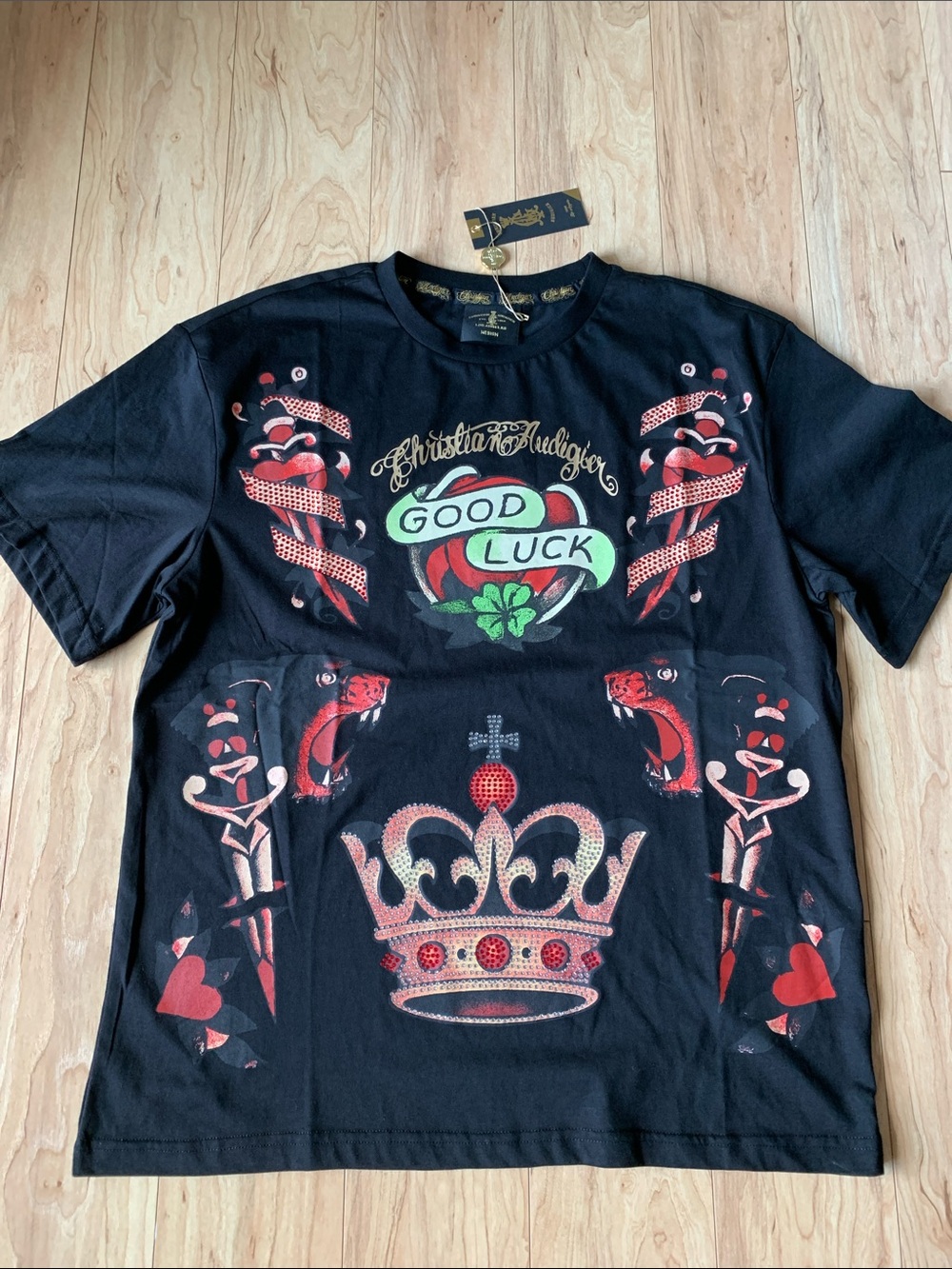 Christian Audigier Black Tee with Red and Green Good Luck Graphics